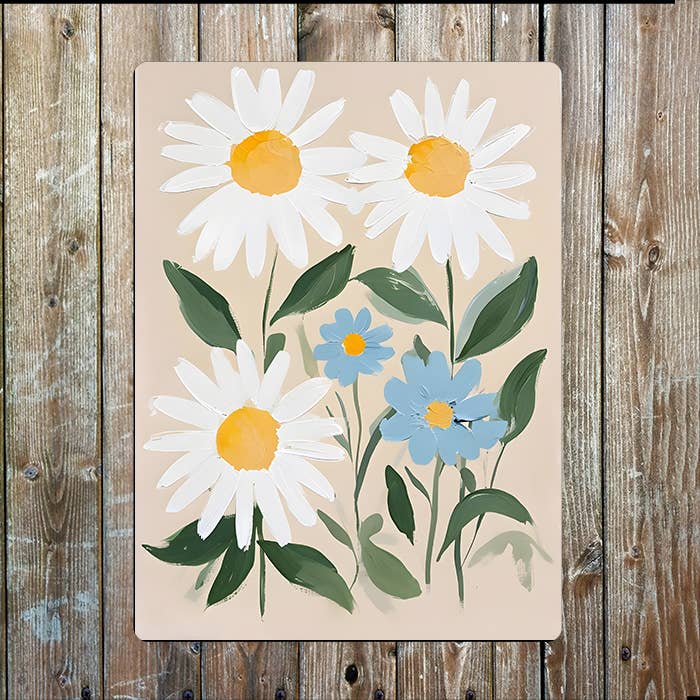 Floral Print Cream Blue Daisy Flowers Metal Sign Plaque