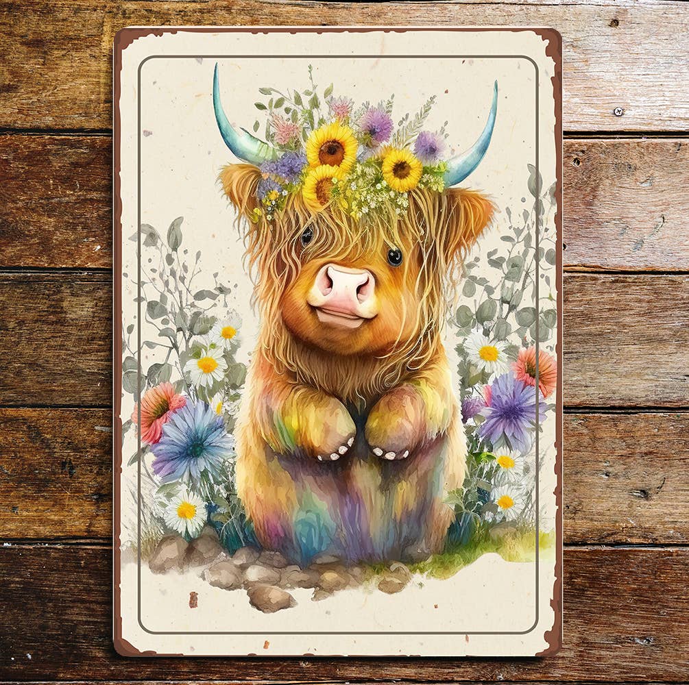 Cute Highland Cow Calf Horns Flowers | Metal Sign Plaque