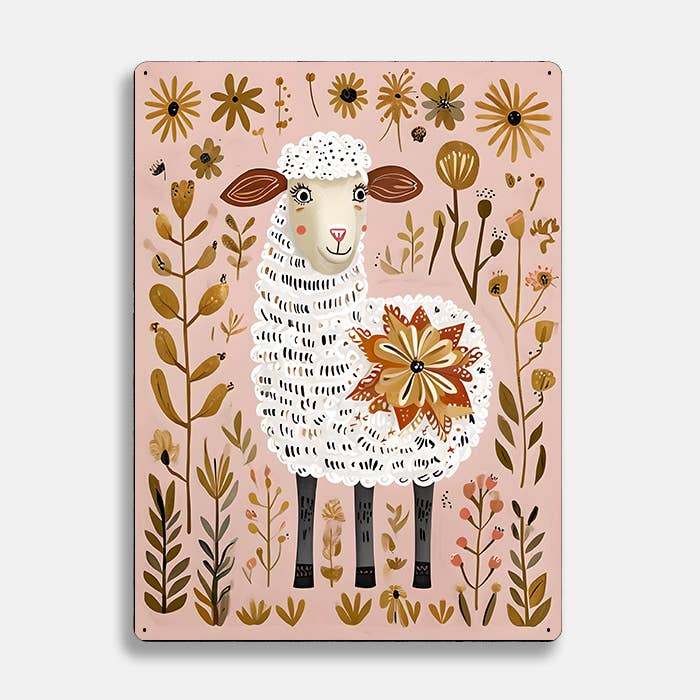 Sheep Floral Flowers scandinavian folk Metal Sign Plaque