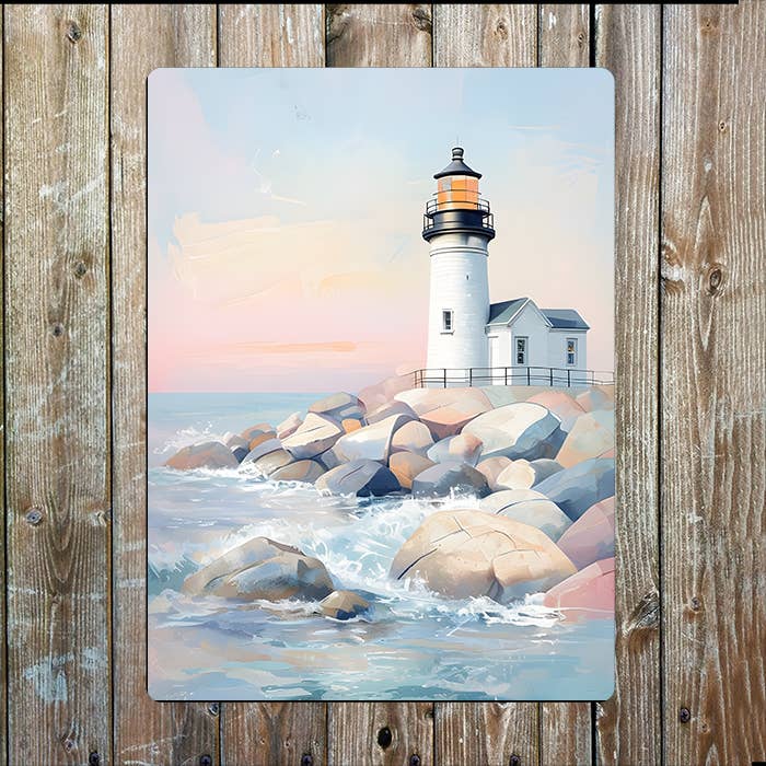 Lighthouse Scene Coast Calm Sea Nautical | Metal Sign Plaque