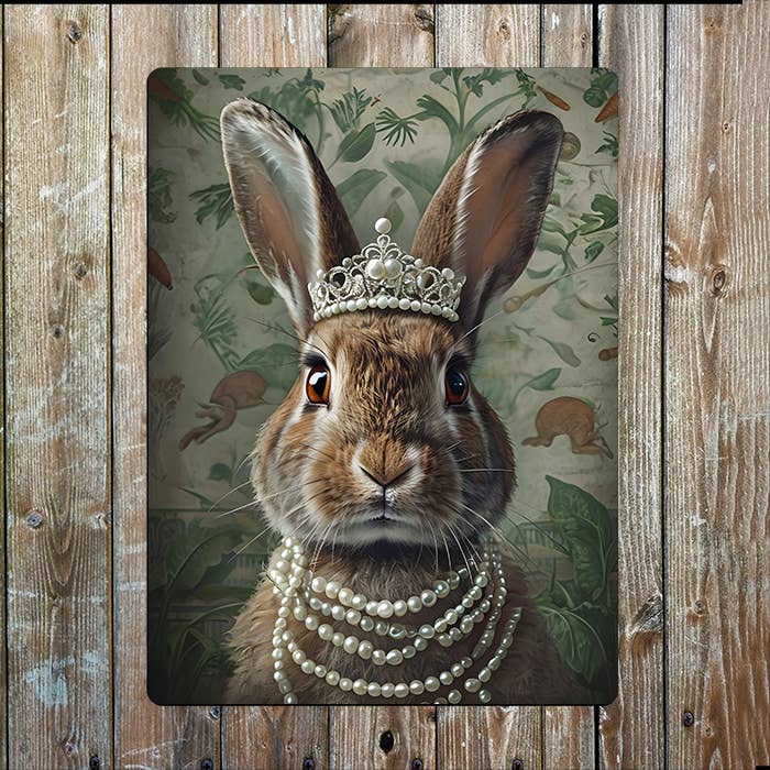Brown Rabbit With Pearl Tiara | Metal Sign Plaue