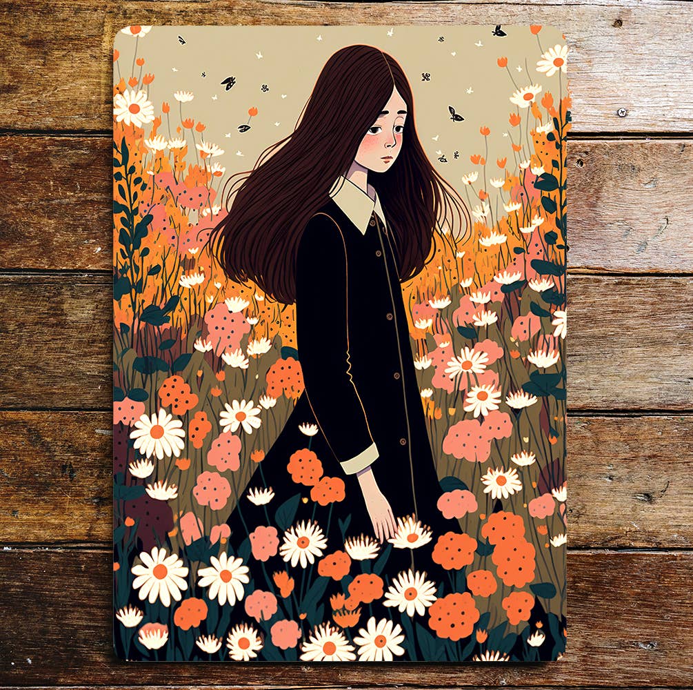 Sad Girl In Flower Field Dark Hair Daisy's Sign Plaque