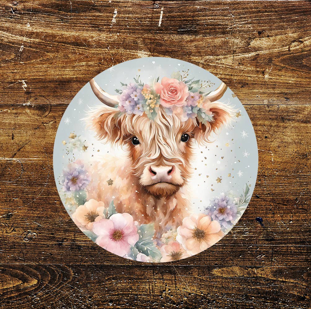 Cow Flower Hair Stained Glass affect Circle Metal Sign