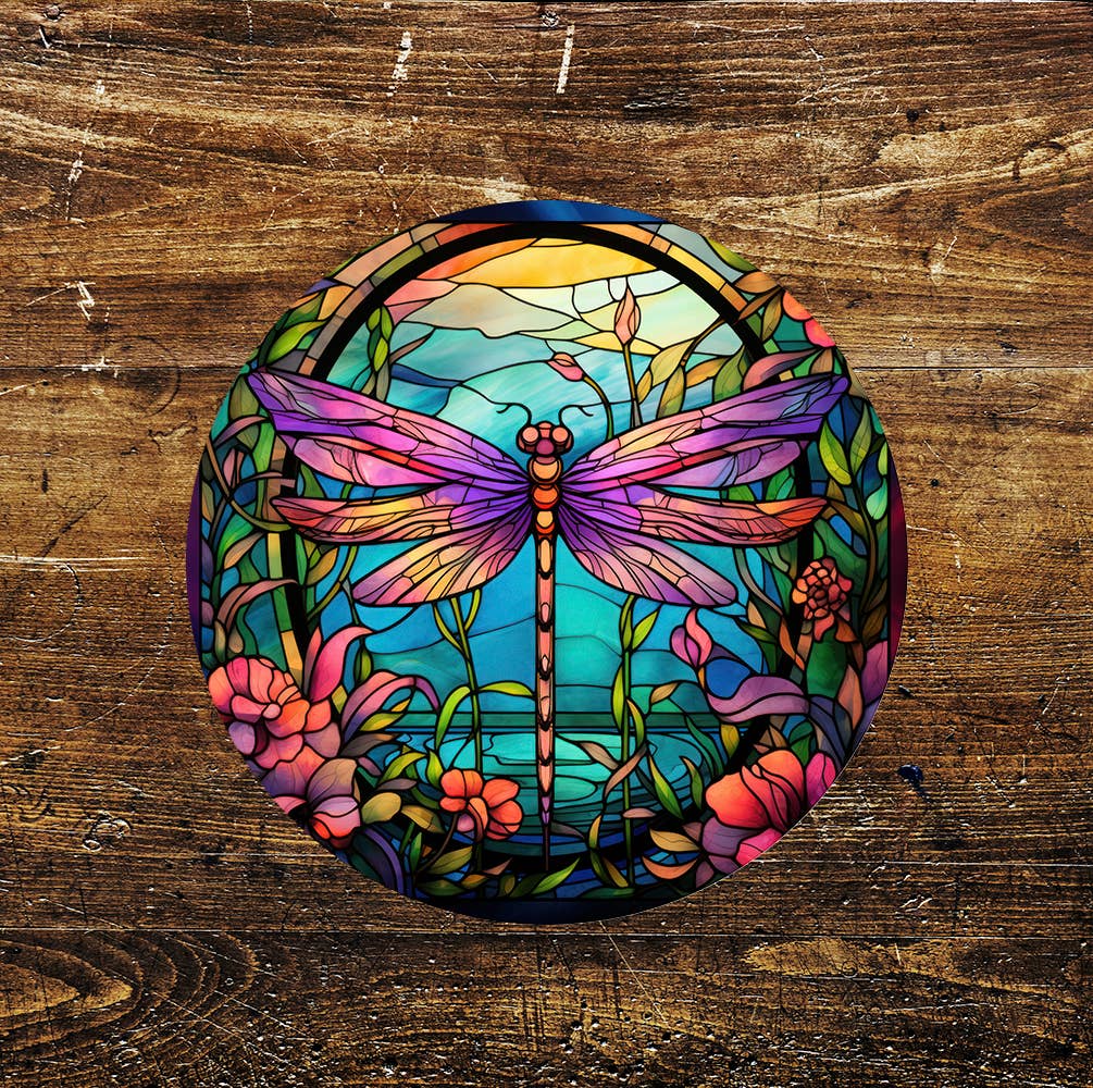 Dragonfly purple Stained Glass affect Circle Metal Sign
