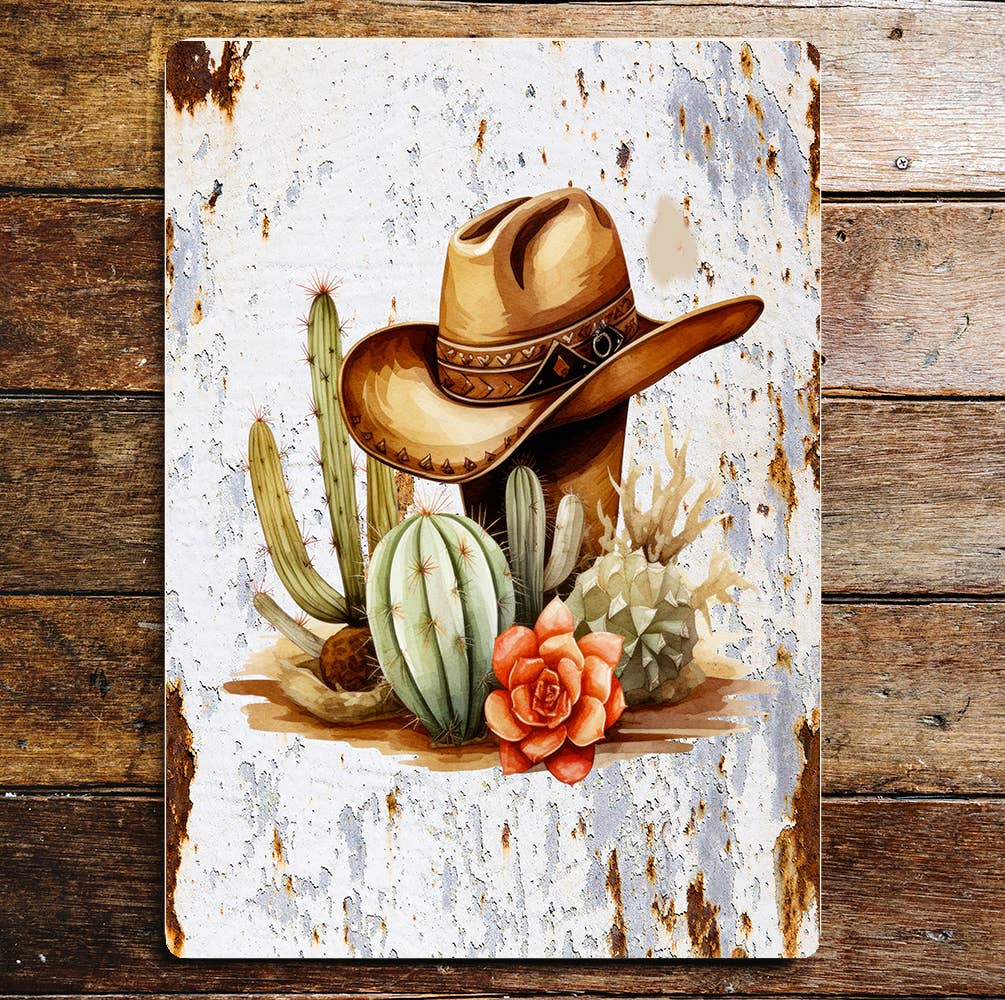 Cowboy Hat Desert Cactus Art | Metal Sign Plaque
