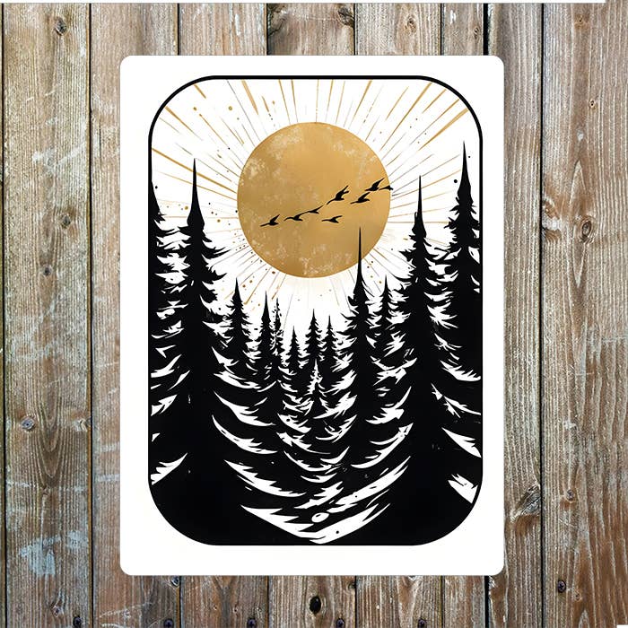 Woodcut Style Illustration Evergreen Trees | Metal Sign Plaque