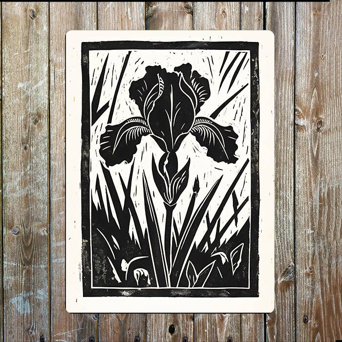 A Striking Iris Flower Linocut Style | Metal Sign Plaque