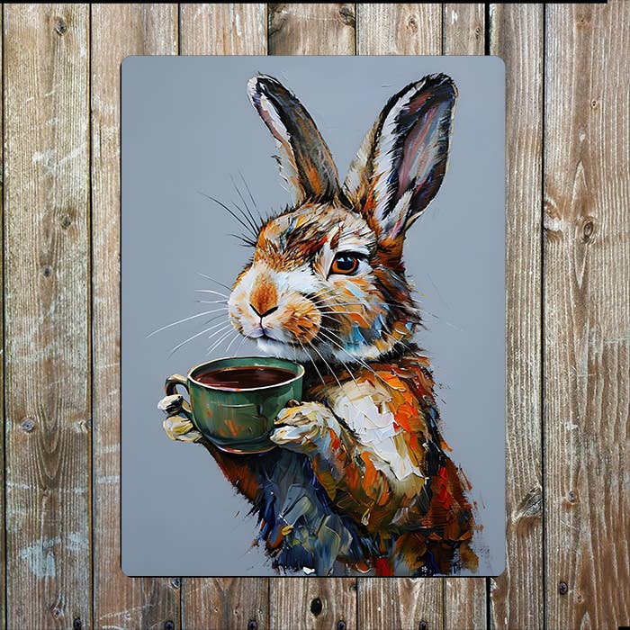 Rabbit Holding Cup Painting Metal Sign Plaque