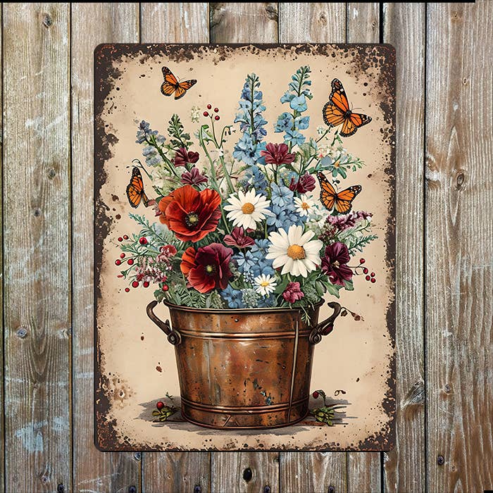 Vintage Metal Bucket Floral Flower | Metal Sign Plaque