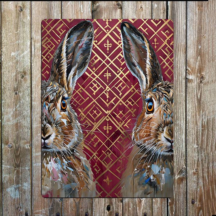 Hares Portrait Vintage Background Painting | Metal Sign Plaque