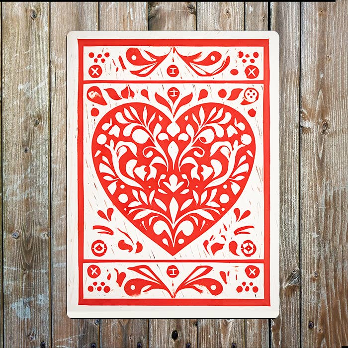 Crimson Heart Linocut Style | Metal Sign Plaque