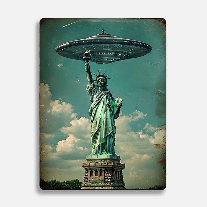 Statue of Liberty Beneath Alien UFO Metal Sign Plaque