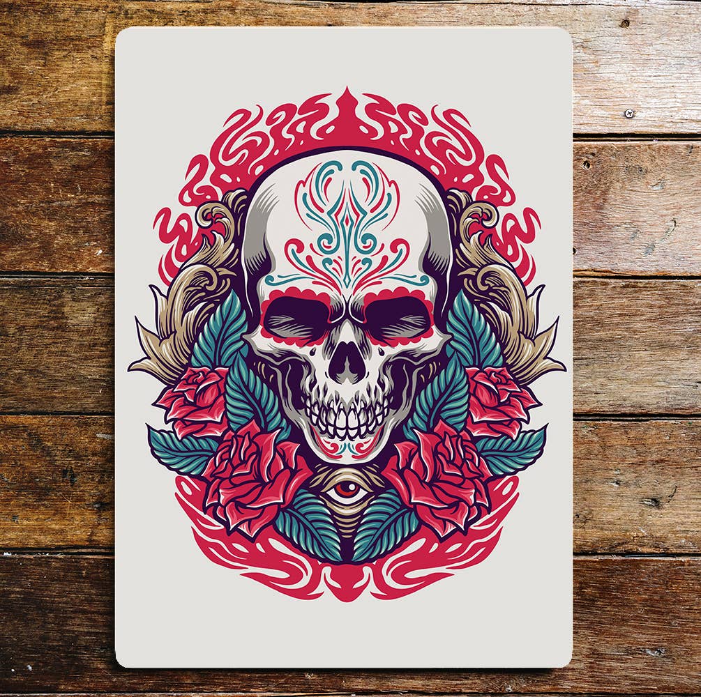 Skull Flowers Roses Red Eye Metal Wall Sign