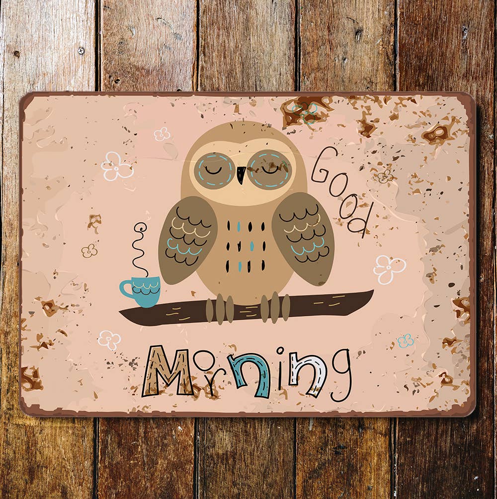 good morning owl coffee mug | Metal Wall Sign Plaque