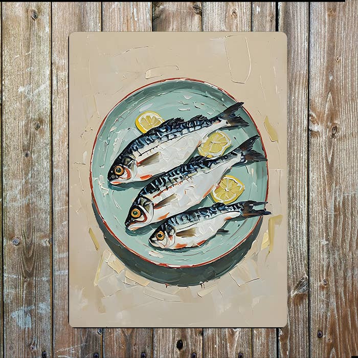 Still Life Painting of Fish Plate Painting Metal Sign Plaque