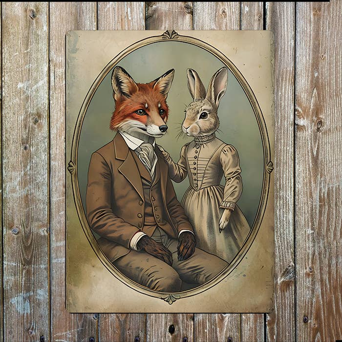 Formal 19thCentury Hare and Fox | Metal Sign Plaque
