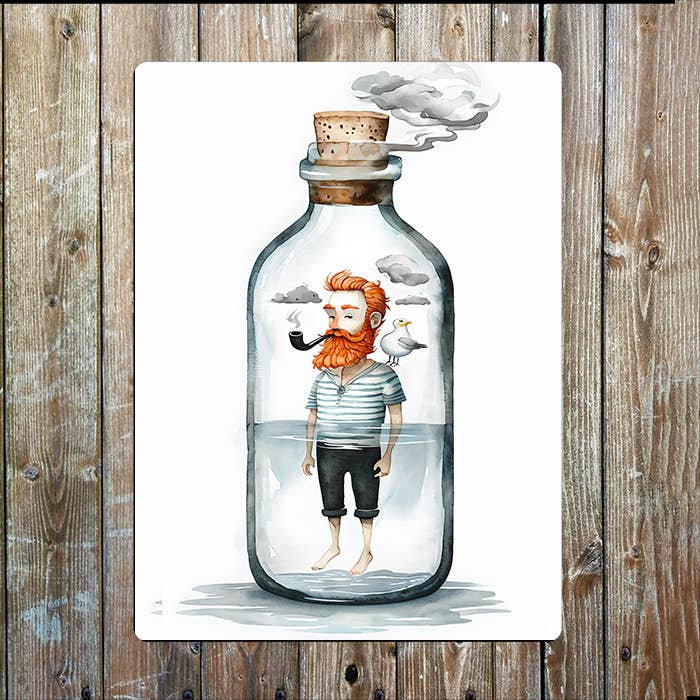 Watercolor Sailor in Glass Bottle Nautical | Metal Sign Plaque