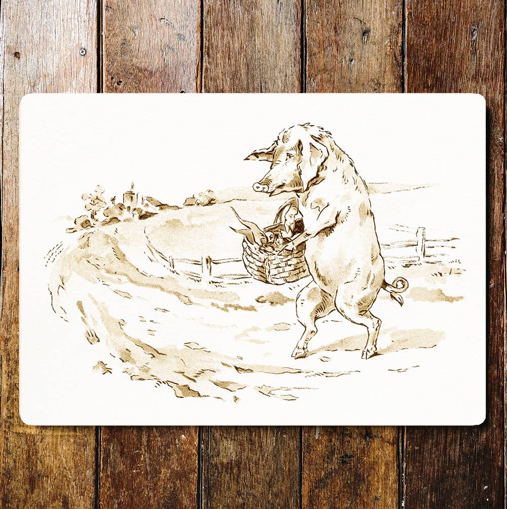 Pig Walking The Lane Basket Of Shopping Metal Sign Plaque