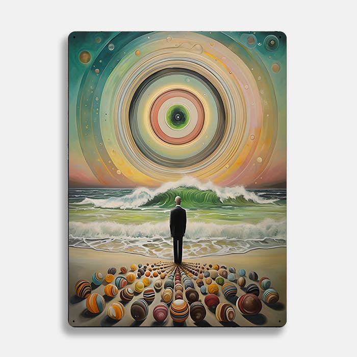 Surreal Beach Silhouetted Figure Alien UFO Metal Sign Plaque