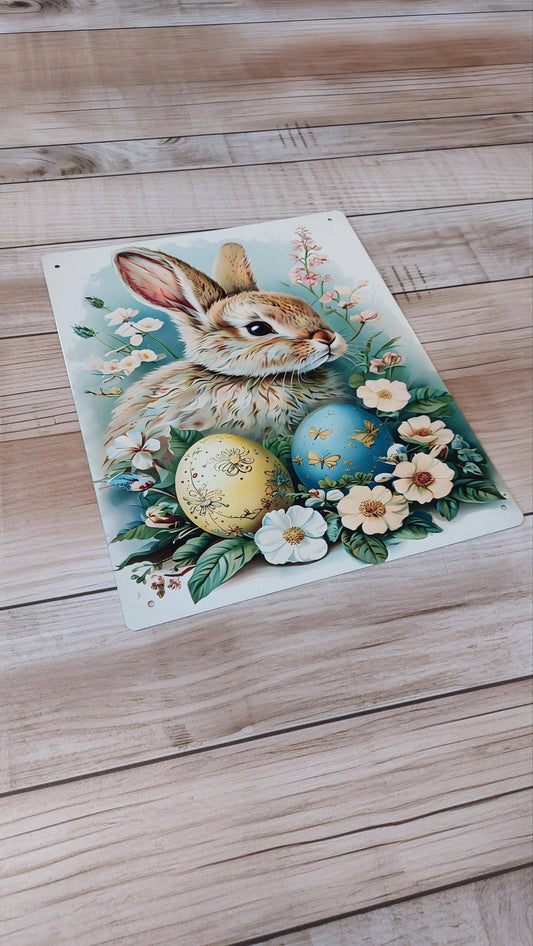 Vintage Easter Rabbit Bunny Colorful Eggs | Metal Sign Plaque