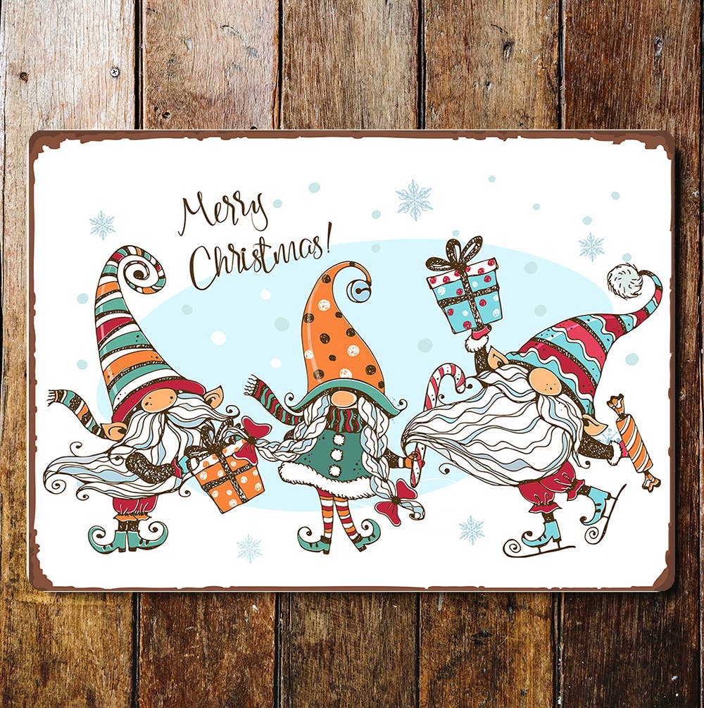 Merry Christmas Gonks Skating Presents | Metal Wall Sign
