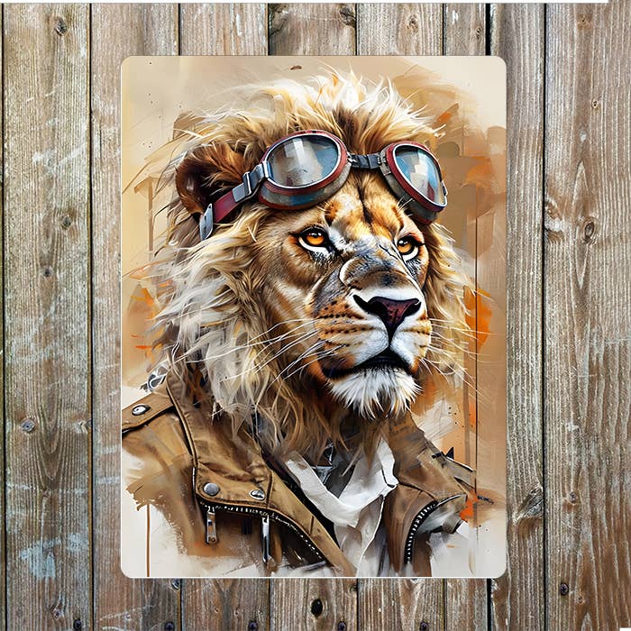 Lion In Aviator Goggles Watercolour | Metal Sign Plaque