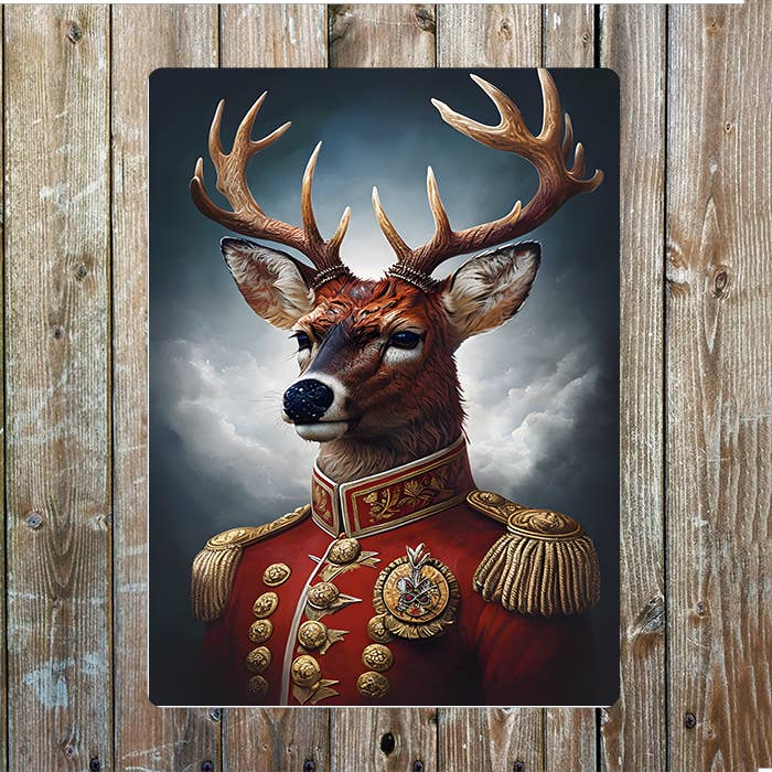 Deer In Ornate Military Uniform Clothes | Metal Sign Plaque