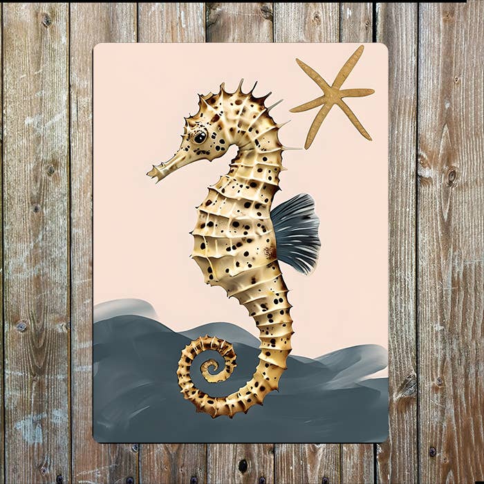 Stylized Seahorse Illustration Nautical Metal Sign Plaque