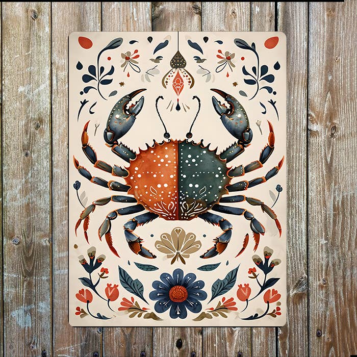 Crab Illustration Floral sea Nautical | Metal Sign Plaque