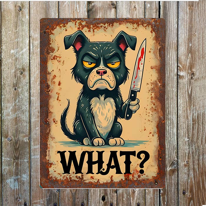 WHAT ? Illustration Dog Kitchen Knife | Metal Sign Plaque