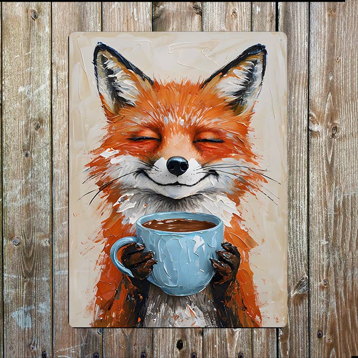 Fox Holding Blue Cup Painting | Metal Sign Plaque