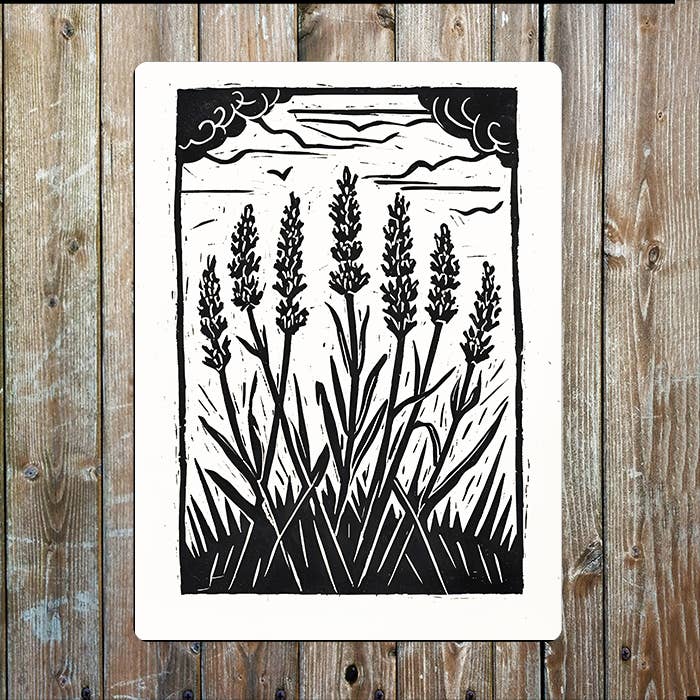 Lavender Plants With Birds Linocut Style | Metal Sign Plaque