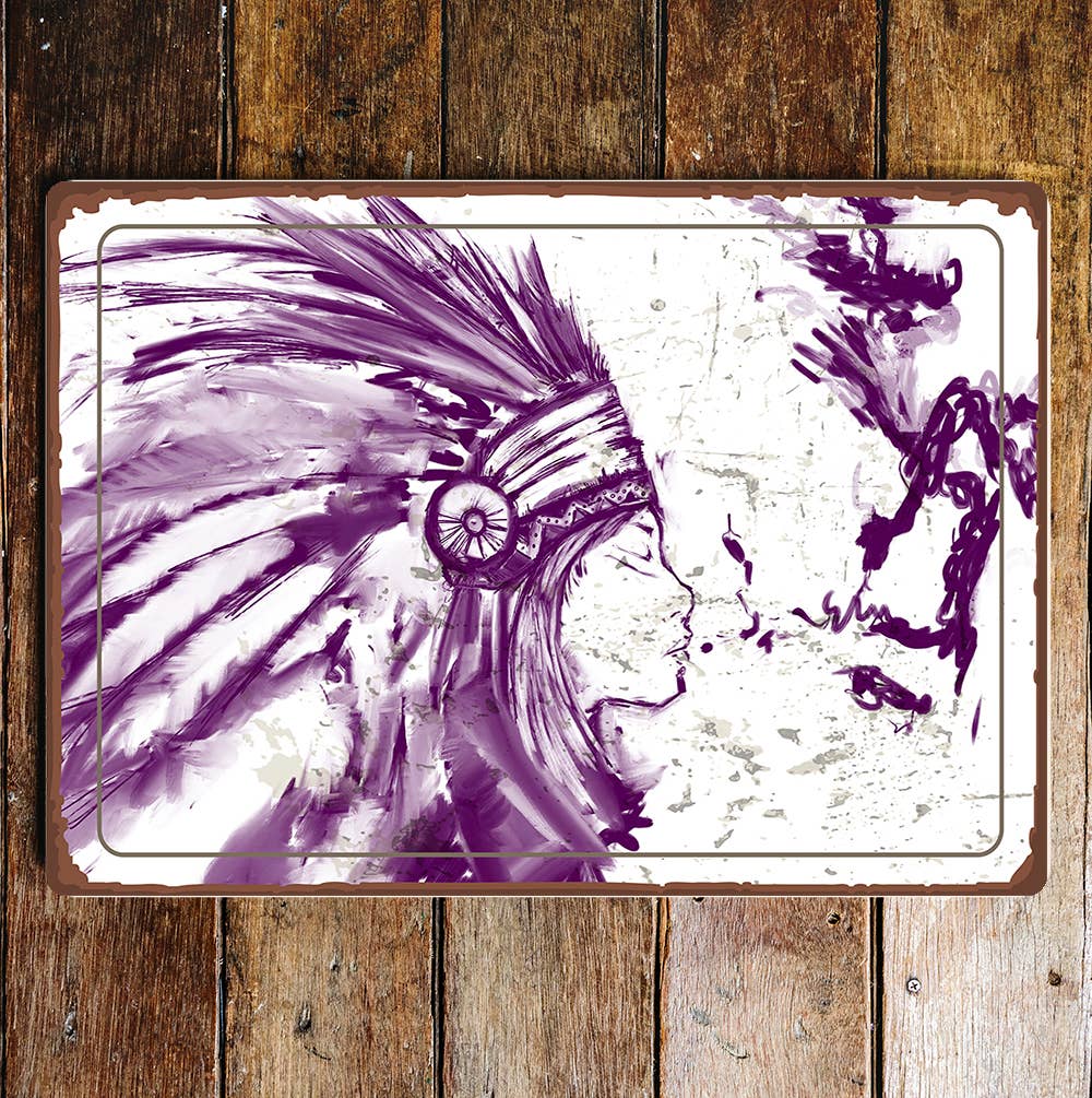 Purple Indian Face Headdress Smoke Metal Sign Plaque