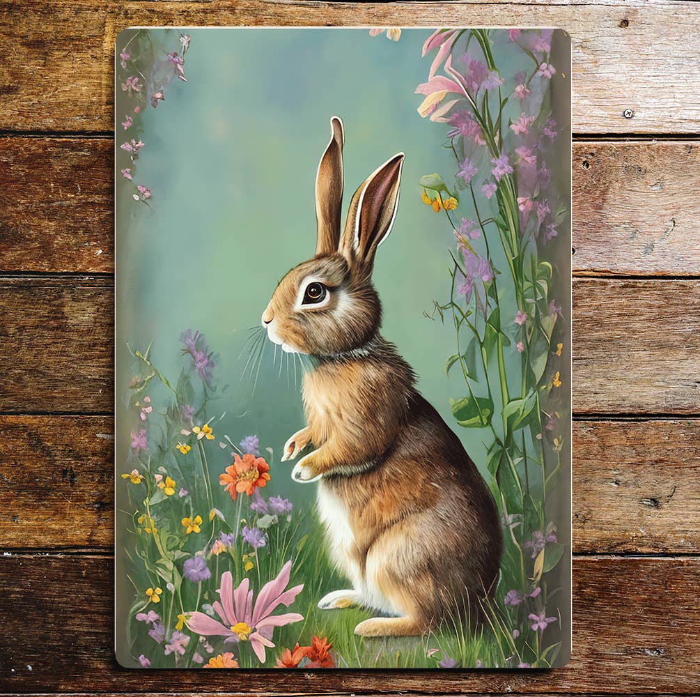 Cute Rabbit Standing In Flower Field | Metal Sign plaque