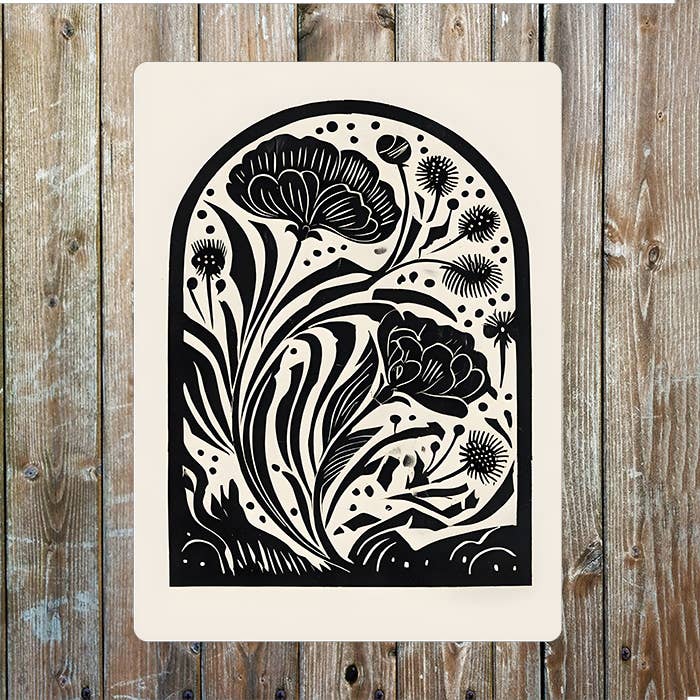Flower Floral Botanical Motif woodcut styl | Metal Sign Plaque