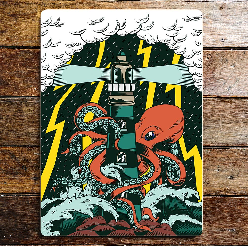 Octopus Lighthouse Lightening Clouds | Metal Sign Plaque
