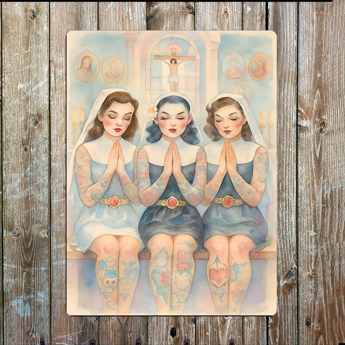 Three Tattooed Nuns | Watercolour | Metal Sign Plaque