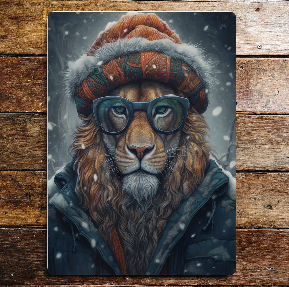 Cool Lion Portrait Winter Time Fun | Metal Sign Plaque