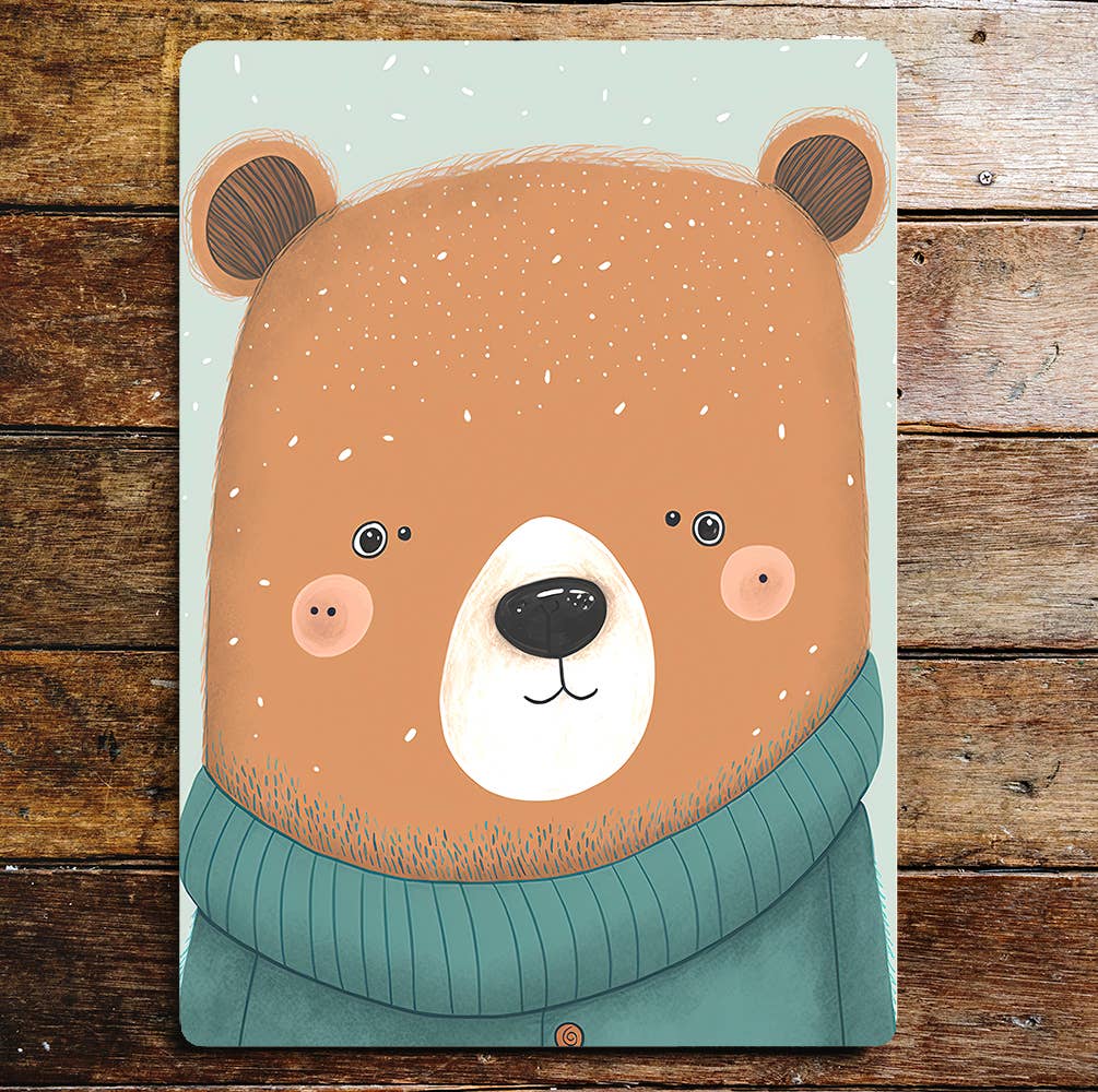 Cute Bear Head Blue Jumper Portrait | Metal Sign Plaque