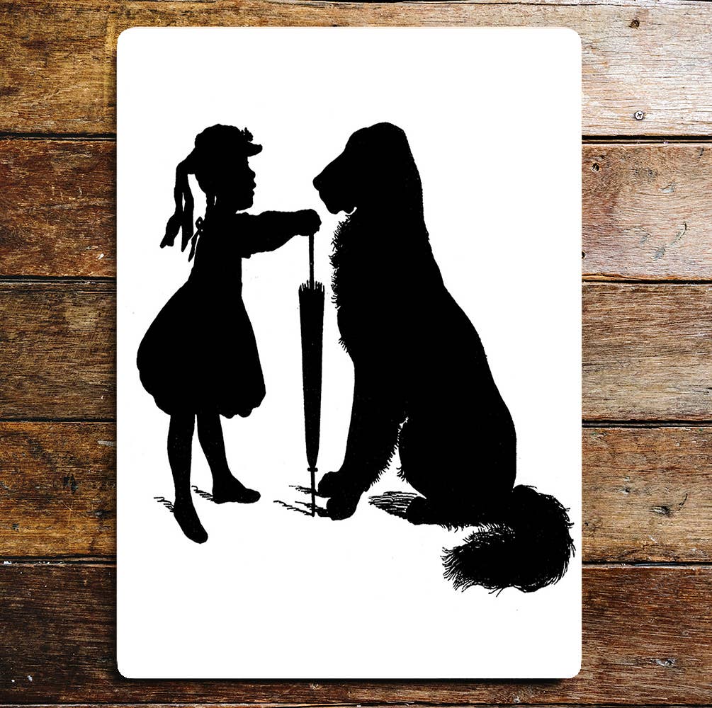 Girl And Her Dog Black And White | Metal Wall Sign Plaque