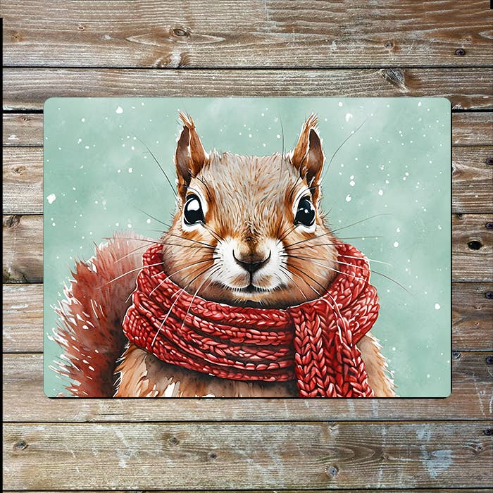 Squirrel Wearing A Red Scarf In Winter | Metal Sign Plaque