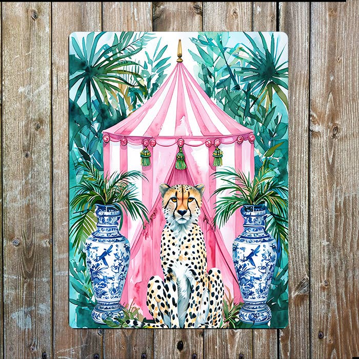 Vibrant Cheetah Pink Tent | Watercolour | Metal Sign Plaque