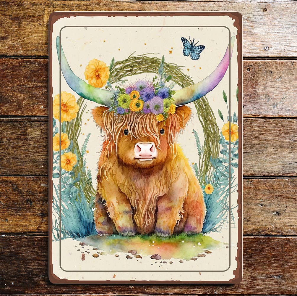 Highland Cow Cattle Floral Spring | Metal Sign Plaque