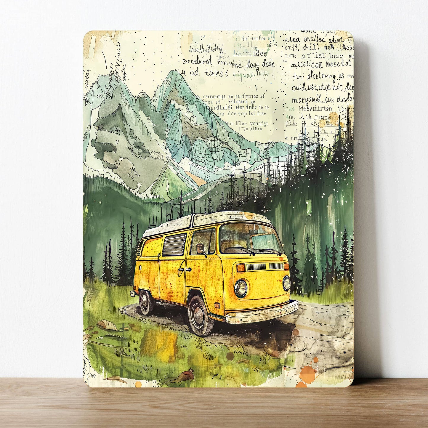 Vintage Yellow Camper Van Landscape | Metal Sign Plaque