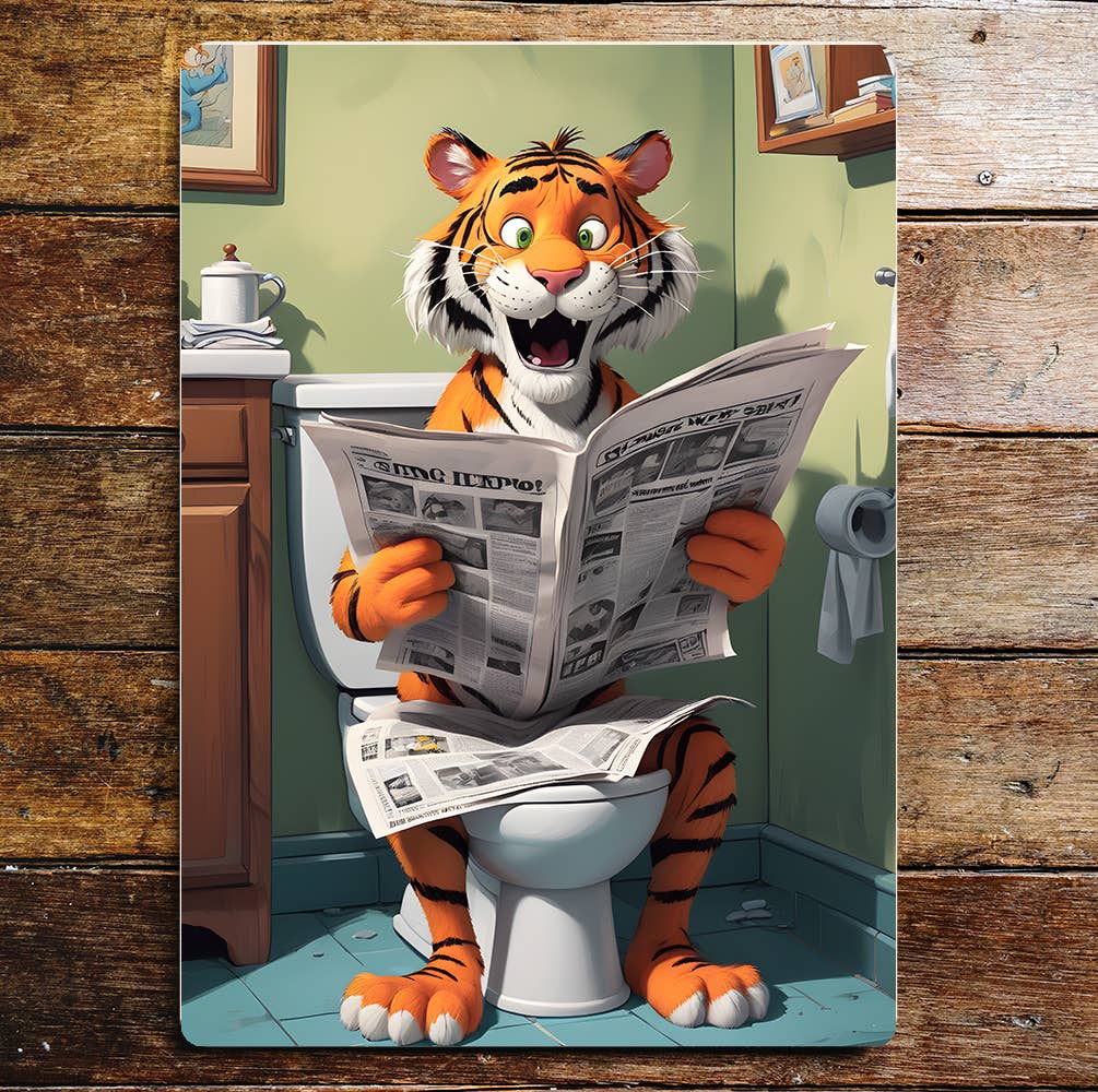 Tiger Cartoon On the Toilet, Bathroom | Metal Sign