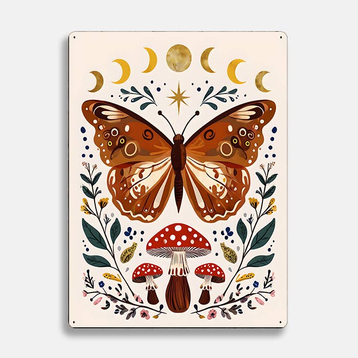Butterfly Moon Mushroom scandinavian folk | Metal Sign Plaque