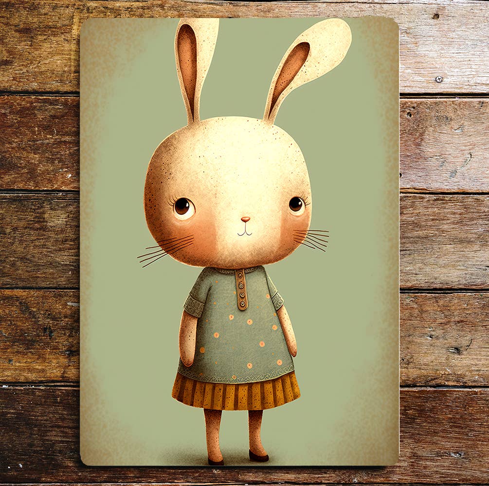 Cute Rabbit Girl green Brown Dress | Metal Sign Plaque