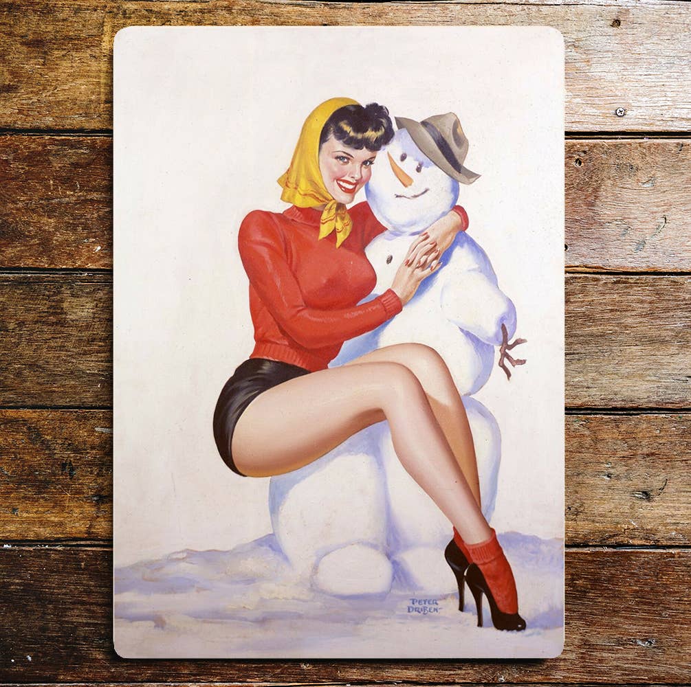 Pinup Girl Snowman Metal Wall Sign Plaque