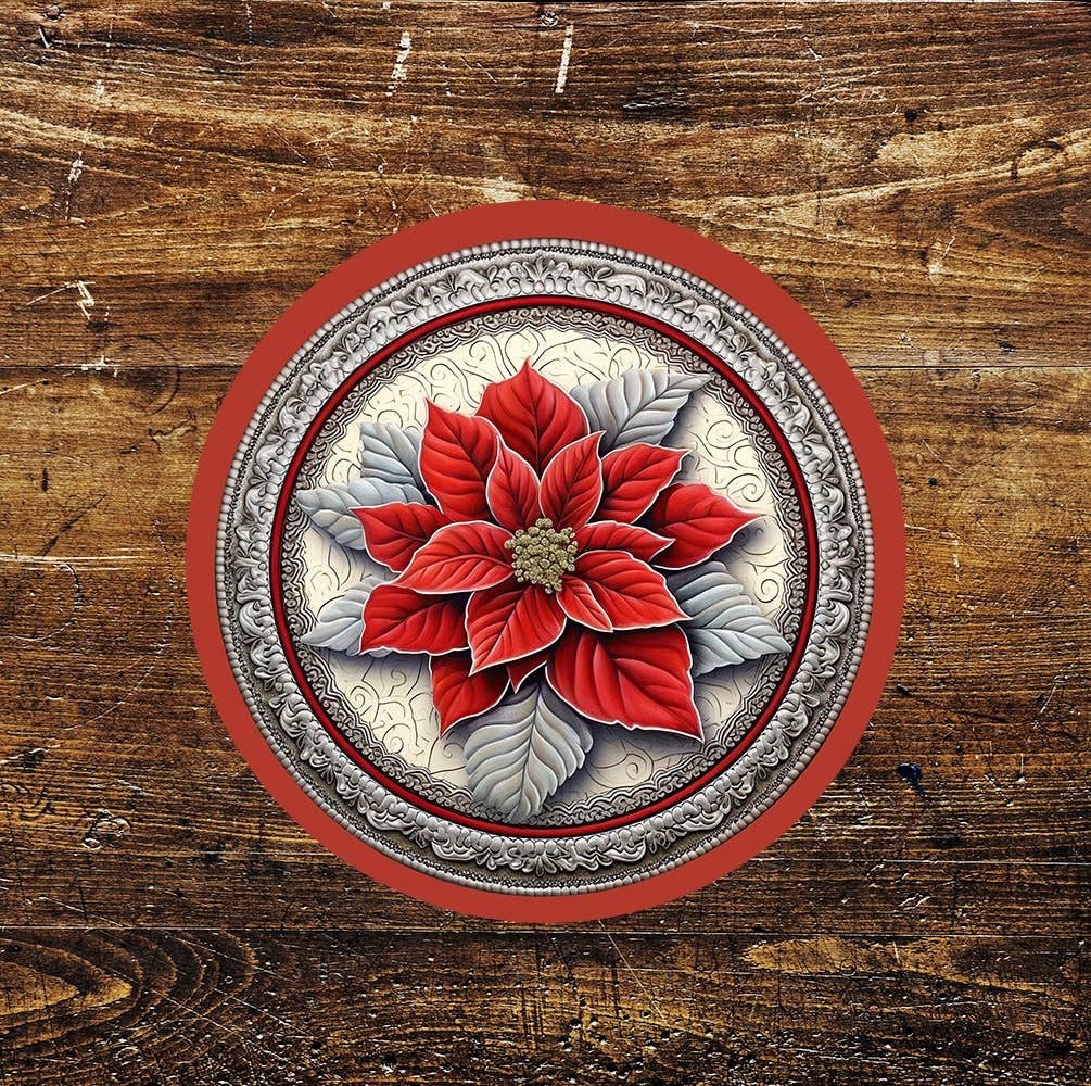 Christmas Poinsettia Flower Decoration Circle Metal Sign