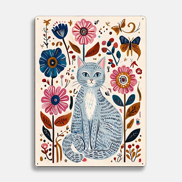 grey Cat Flowers scandinavian folk | Metal Sign Plaque
